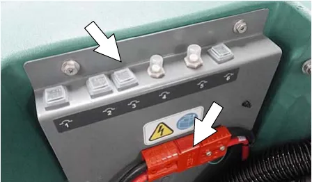 Circuit breaker panel with six breakers numbered 1 to 6 and the battery cable connector, arrows pointing at the breakers and connector