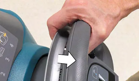 Hand squeezing the bail handle, with an arrow pointing at the handle
