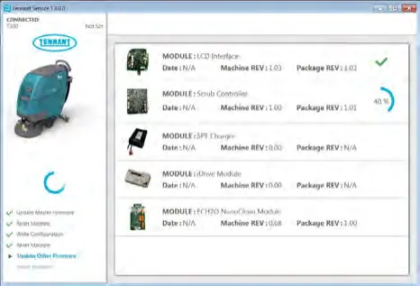 Service Diagnostics screen showing the modules being updated, with a progress indicator