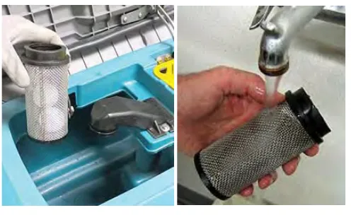Float shut-off screen removed from the recovery tank and rinsed under a faucet
