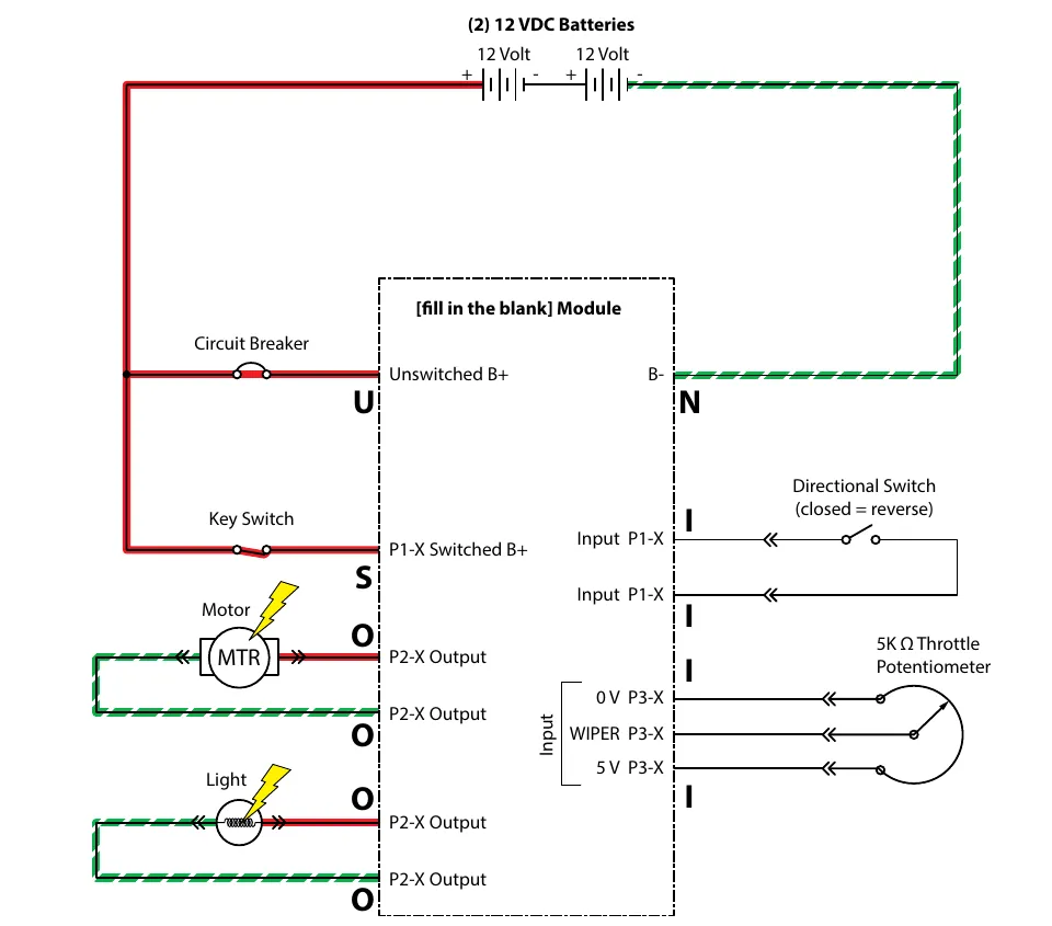 Universal wiring schematic for a module: two 12 volt batteries, circuit breaker to Unswitched B+ (U), key switch to P1-X Switched B+ (S), B- (N), two inputs P1-X with a directional switch (closed = reverse), three P3-X inputs (0 V, wiper, 5 V) from a 5K ohm throttle potentiometer, and four P2-X outputs driving a motor and a light