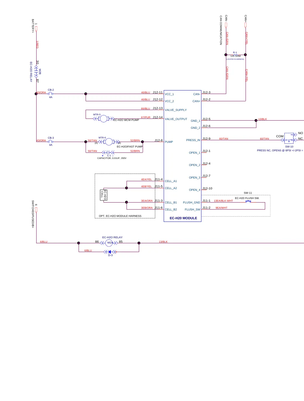 Wiring diagram of the push model, sheet 2 of 2, showing the CAN communication wiring, the ec-H2O module with its pumps and cell, and the grounding points