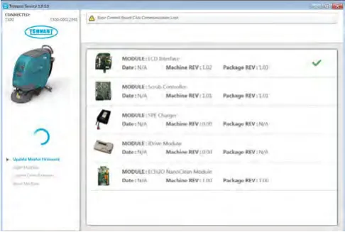 Service Diagnostics screen listing the modules while the firmware update runs