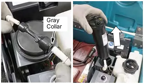 Hose connectors on top of the water conditioning cartridge with the gray collar labeled, and the cartridge being lifted out