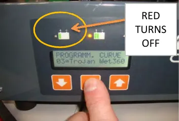 Charger panel with the red LED turned off, circled, and the display reading 03=Trojan Wet360