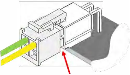 Closeup of a CAN connector with green and yellow wires, a red arrow pointing at the latch to check that the connector is fully seated