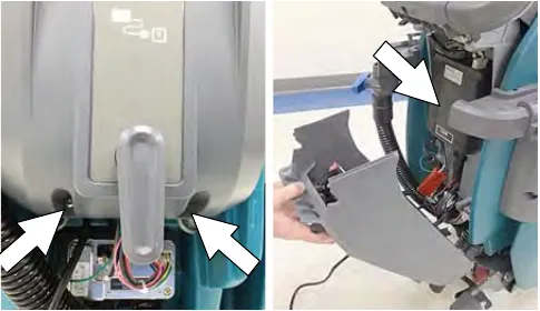 Two photos: arrows at the two screws at the bottom of the control console, and the console lowered to show the battery charger