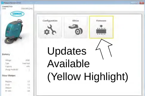 Service Diagnostics home screen with Configuration, IDrive and Firmware buttons, the Firmware button highlighted in yellow and labeled Updates Available (Yellow Highlight)