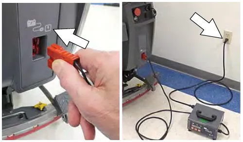 Connecting the off-board charger DC cord to the machine charge receptacle and plugging the AC cord into a wall outlet