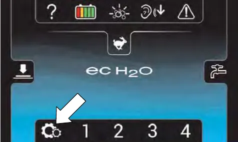 Touch panel home screen with an arrow pointing at the settings button at the lower left