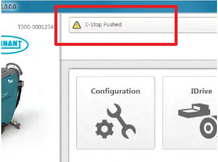 Service Diagnostics home screen with a red box around the fault line at the top reading E-Stop Pushed