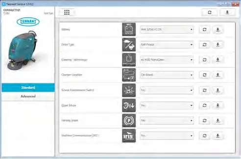 Service Diagnostics configuration list with a drop-down menu, refresh button and arrow button on each row