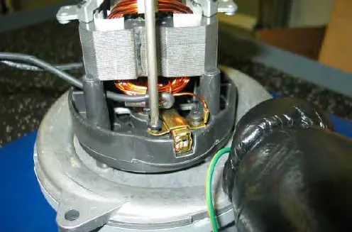 Loosening a carbon brush mounting screw on the vacuum motor