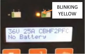 Off-board charger display reading No Battery, with the middle LED labeled blinking yellow