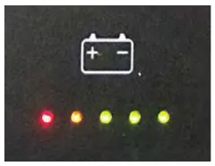 Battery discharge indicator on the control panel: a battery icon above five lights