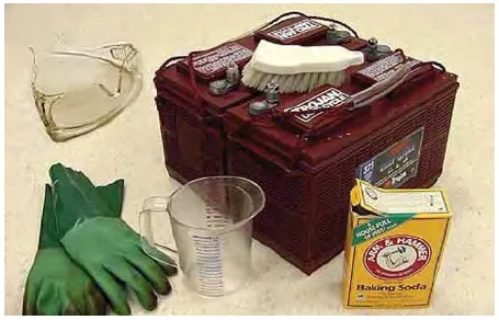 Battery with a scrub brush, baking soda, measuring cup, gloves and goggles for cleaning the battery