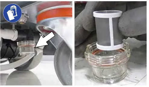 Solution tank filter bowl under the machine, and the filter screen lifted out of the bowl