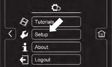 Touch panel settings menu listing Tutorials, Setup, About and Logout, with an arrow pointing at Setup