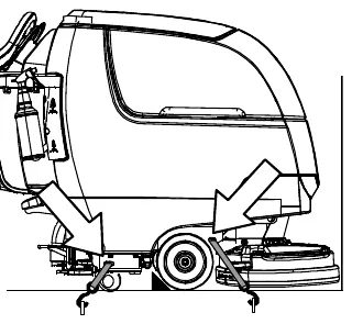 Side view of the machine with arrows pointing to the tie-down brackets at the front and rear of the frame
