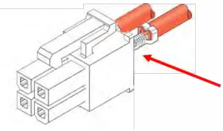 Closeup of a four-pin connector with a red arrow showing a pin pushed fully into the harness side of the connector