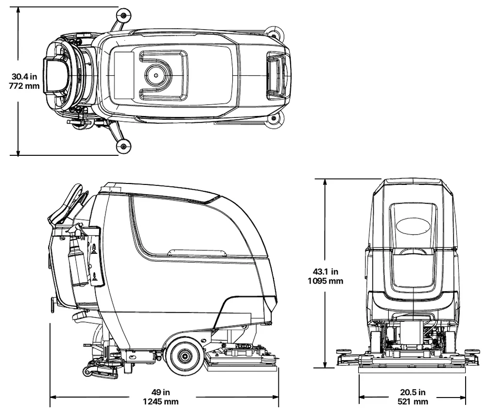Top, side and rear views of the orbital pad model showing 30.4 in (772 mm) squeegee width, 43.1 in (1095 mm) height, 49 in (1245 mm) length and 20.5 in (521 mm) width