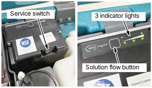 The service switch on the ec-H2O module and the solution flow button with the three indicator lights
