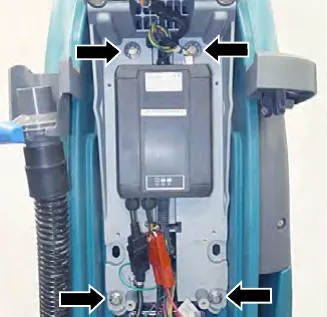 Arrows pointing at the four hex screws on the control console plate