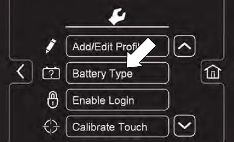 Touch panel Setup screen listing Add/Edit Profile, Battery Type, Enable Login and Calibrate Touch, with an arrow pointing at Battery Type