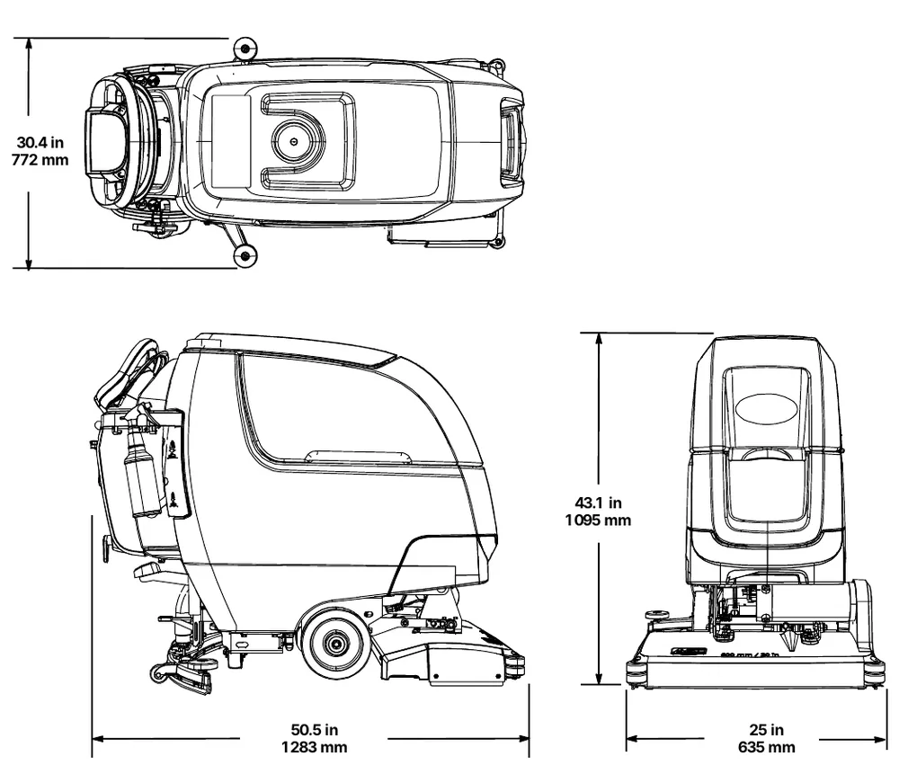 Top, side and rear views of the cylindrical brush model showing 30.4 in (772 mm) squeegee width, 43.1 in (1095 mm) height, 50.5 in (1283 mm) length and 25 in (635 mm) width