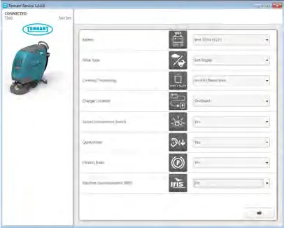 Service Diagnostics configuration screen with drop-down menus for battery, drive type, cleaning technology, charger location, severe environment switch, quiet mode, parking brake and machine communication