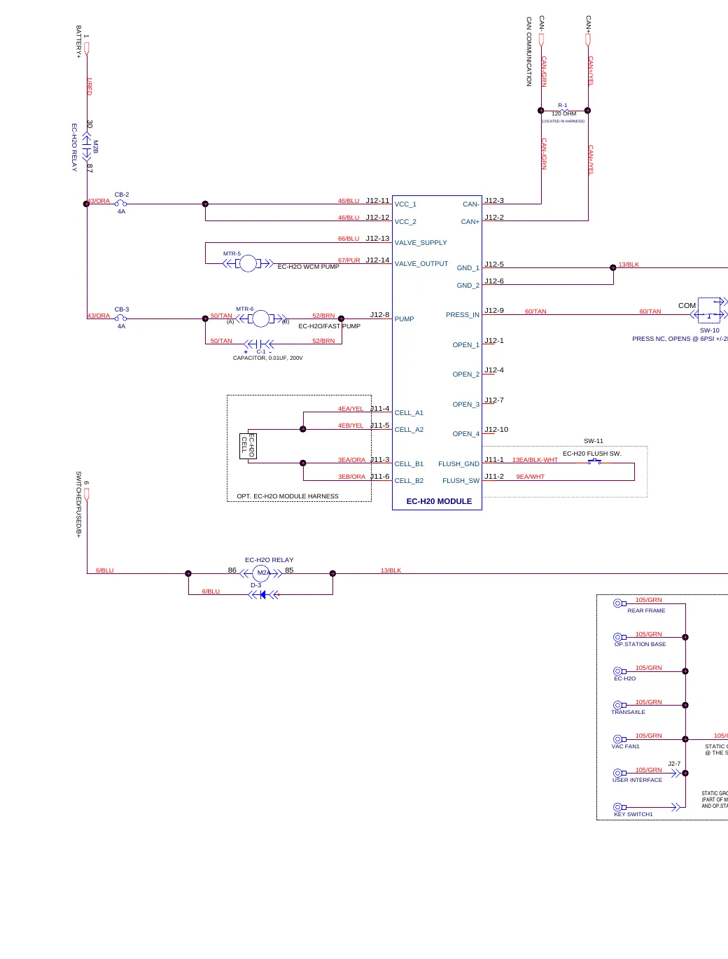 Wiring diagram of the drive model, sheet 2 of 2, showing the CAN communication wiring, the ec-H2O module with its pumps and cell, and the grounding points