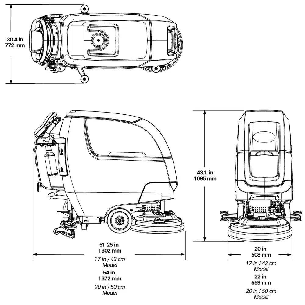 Top, side and rear views of the single disk model showing 30.4 in (772 mm) squeegee width, 43.1 in (1095 mm) height, 51.25 in (1302 mm) or 54 in (1372 mm) length and 20 in (508 mm) or 22 in (559 mm) width for the 17 in (43 cm) and 20 in (50 cm) models