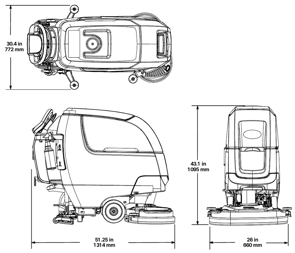 Top, side and rear views of the dual disk model showing 30.4 in (772 mm) squeegee width, 43.1 in (1095 mm) height, 26 in (660 mm) width and the length label