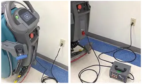 Plugging the machine charger cord into a wall outlet, and the off-board charger connected to the machine
