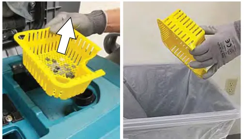Lifting the yellow debris tray out of the machine and emptying it into a trash bag