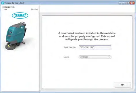 Service Diagnostics screen saying a new board has been installed in this machine, with fields for serial number and model and an arrow button