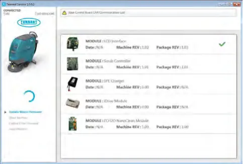 Service Diagnostics screen listing the modules while the firmware update runs