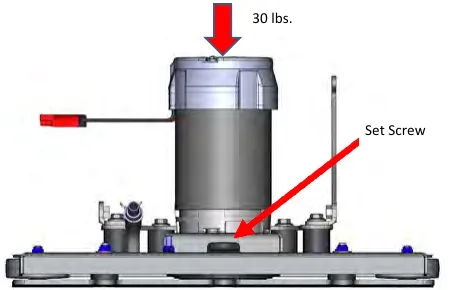 Diagram of the orbital scrub head motor with a 30 lb weight on top and an arrow pointing at the set screw