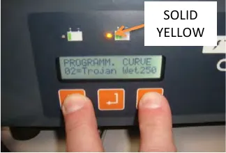 Two fingers pressing the outside arrow buttons on the charger, the middle LED labeled solid yellow