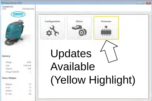 Service Diagnostics home screen with Configuration, IDrive and Firmware buttons, the Firmware button highlighted in yellow and labeled Updates Available (Yellow Highlight)