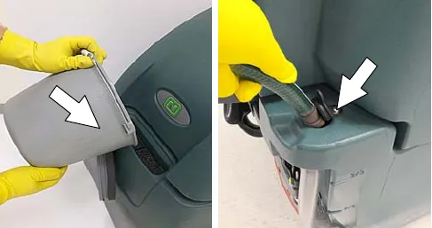 Filling the solution tank from a bucket at the front port and from a hose at the rear port