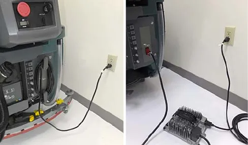Machine plugged in with on-board charger, and an off-board charger connected