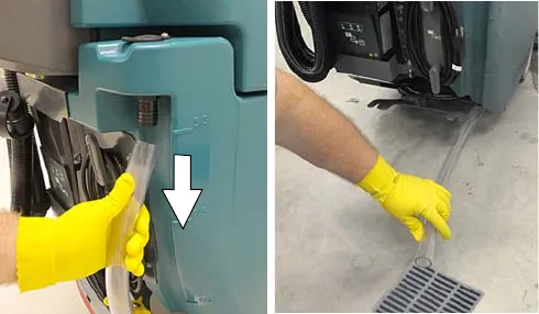 Pulling the solution tank level hose down from the accessory rail and draining it into a floor drain