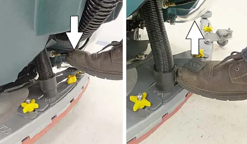 Stepping down on the foot pedal to lower the squeegee, and lifting under the pedal to raise it