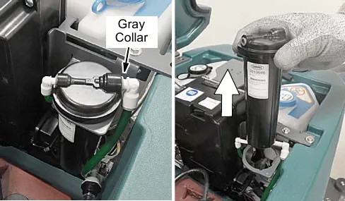 Gray collar on the hose connectors, and the cartridge being lifted out