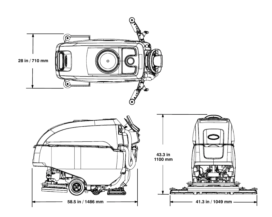 Top, side and rear drawings of the orbital pad model with its dimensions