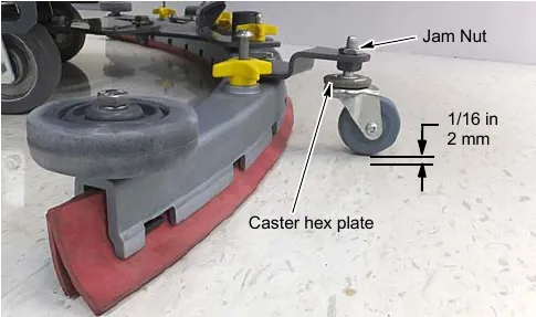 Squeegee caster with jam nut, caster hex plate and a 1/16 in (2 mm) gap to the floor labeled