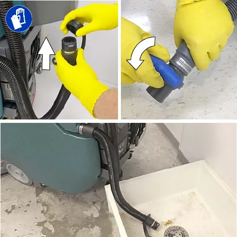Removing the drain hose cap, opening the flow control valve, and draining into a floor drain; protective gloves symbol