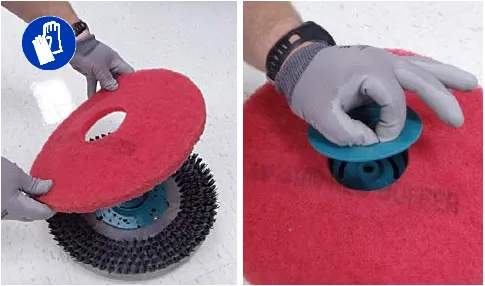 Attaching a red pad to the pad driver and securing it with the center-lock; protective gloves symbol