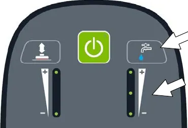 Control panel with arrows pointing at the solution flow button and its indicator